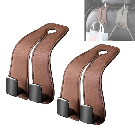 Car Seat Back Storage Hook, 2-in-1 Premium Leather Car Headrest Hanger with Metal Hooks, Leather Car Hooks,Car Seat Back Storage Hooks for Purses, Handbags, Phone, Brown