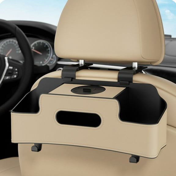 Car Seat Back Storage Organizer with Tissue Box Holder, Cup Holder & Phone Stand - Beige ABS Plastic Multi-Function Storage Box for Car Organization