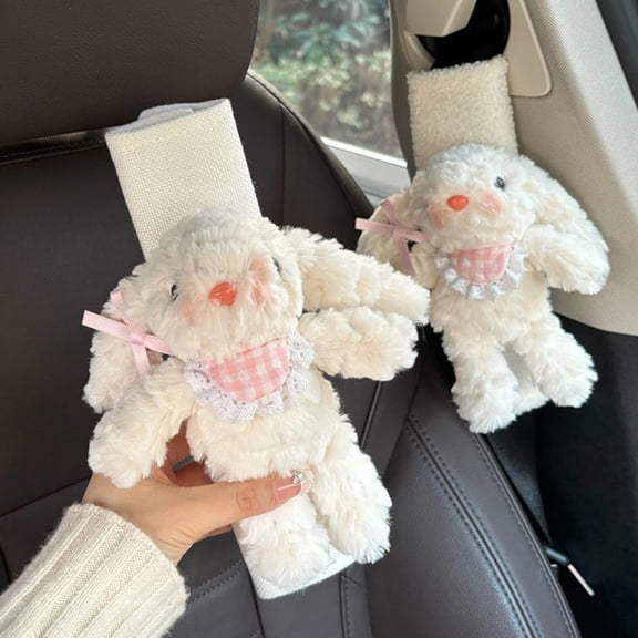 Car Seat Belt Cover Pad | Faux Sheepskin Wool | Soft Winter Cushion Strap Protector | Cute Kawaii Bunny Design | For Vehicle & Bag Straps | 21x5cm | 1 Piece