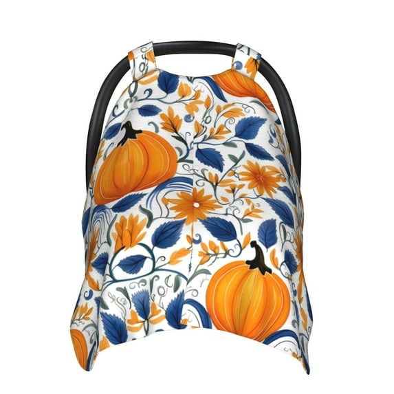 Car Seat Cover Baby - Blue Orange Pumpkin fall Breathable Infant Car Seat Cover for Baby Carseat, Lightweight Comfort Baby Essentials Must Haves Newborn Stuff for Girl Boy