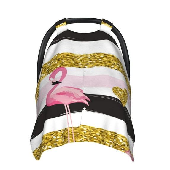 Car Seat Cover Baby, Gold Glittering Hearts and Flamingos Baby Car Seat Cover for Baby Boys Girls Newborn , Infant Car Seat Canopy Cover Nursing Breastfeeding Cover Warm Blanket