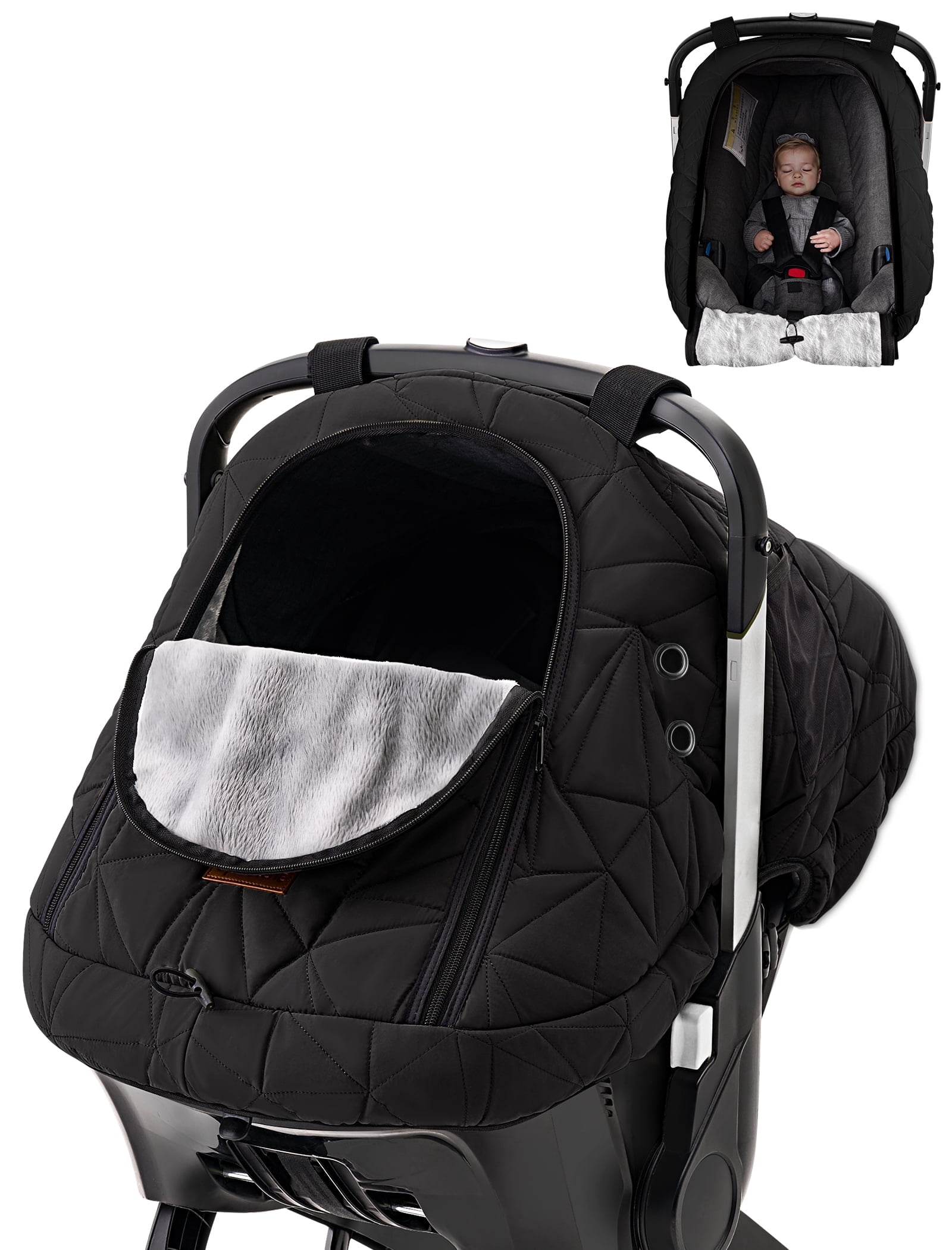 Car Seat Cover Baby Winter: Sprouterie Carseat Canopy for Babies - Infant Cold Weather Shield with Zipper Peeping Window Warm and Cozy Waterproof Universal Fitted Black for Boy Girl Neutral Newborn