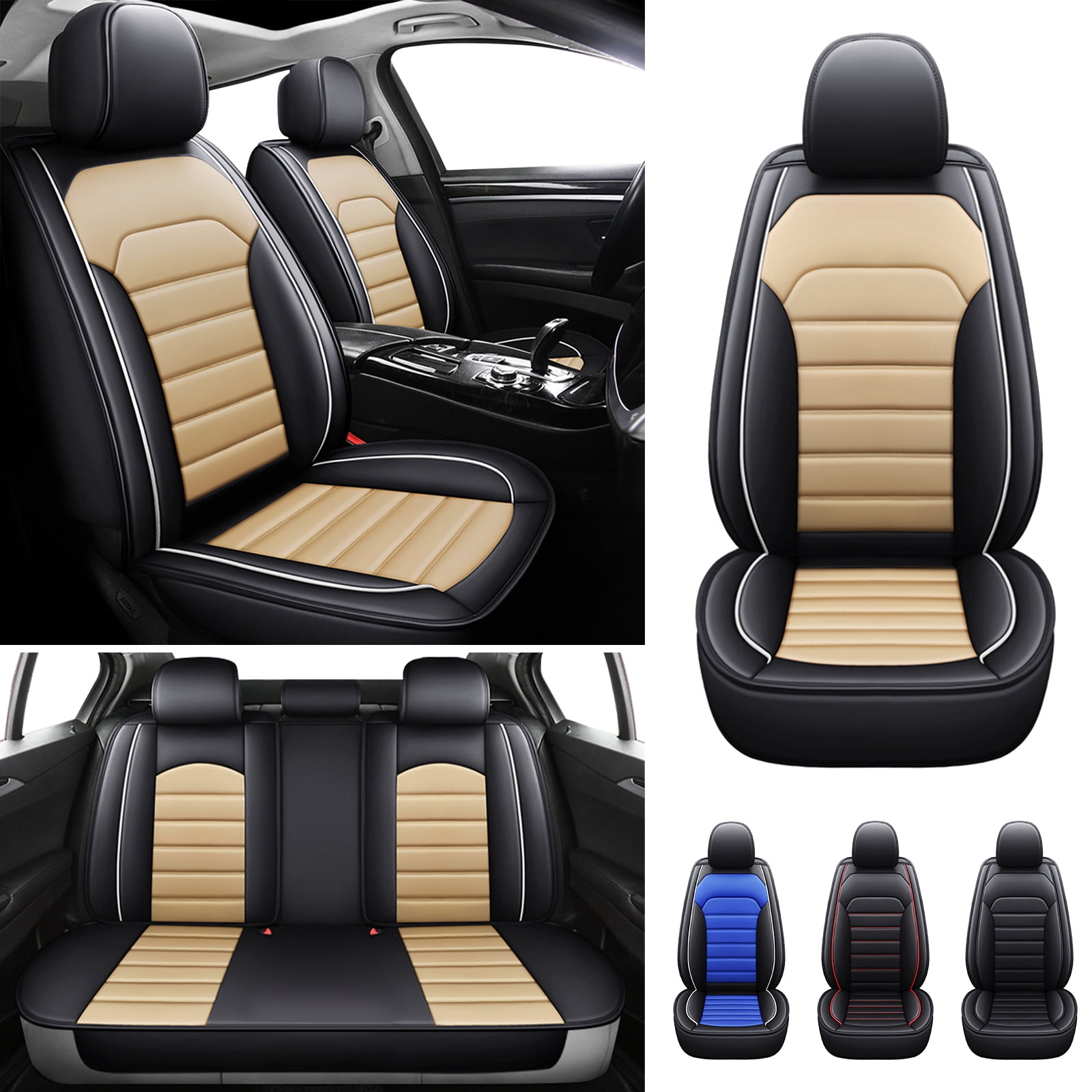 Car Seat Cover Fit for Ford Bronco Sport 2021-2025, Breathable Faux Leather Automotive Cushion Protector Front& Rear Full Set for Escape Fusion Focus Black Beige