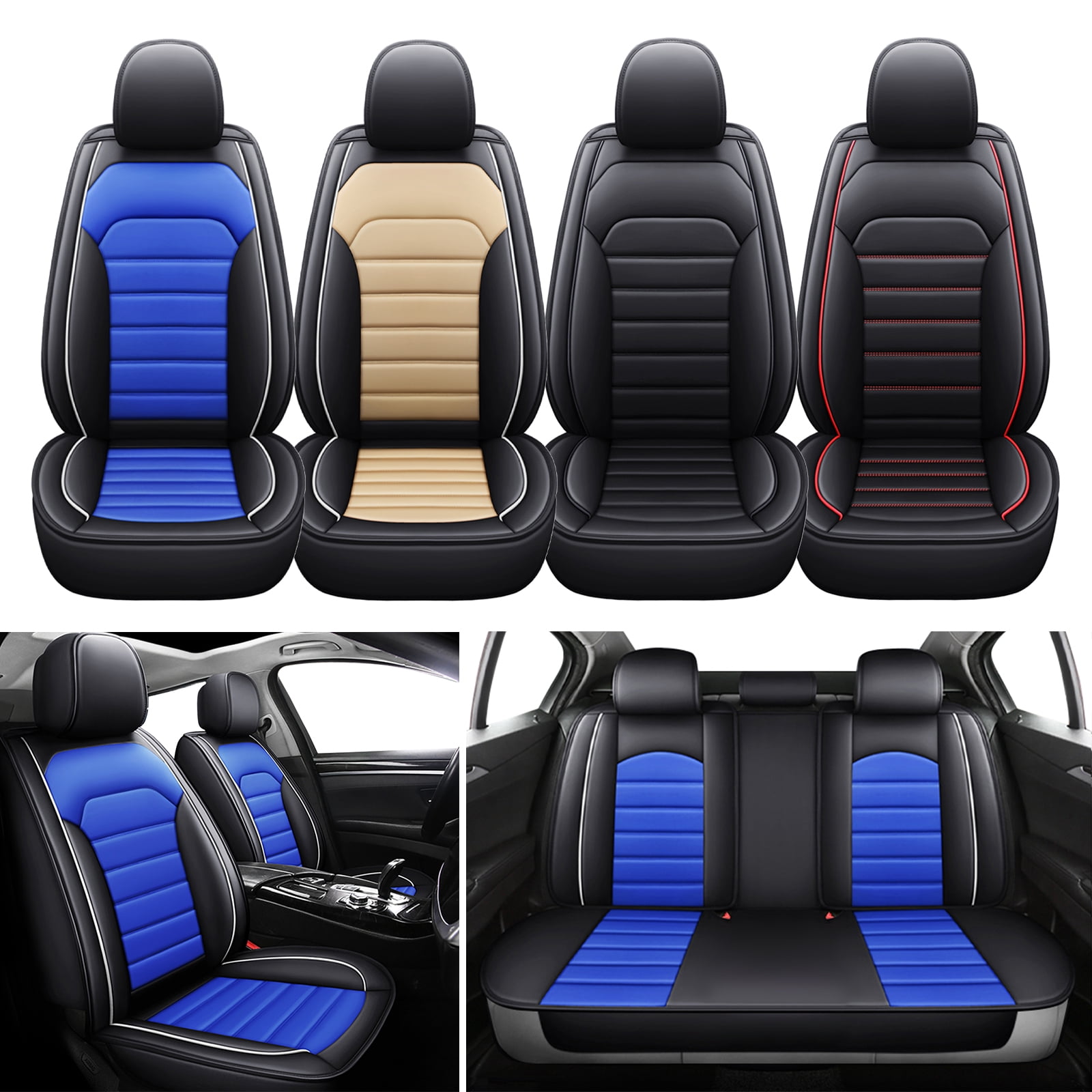 Car Seat Cover Fit for Ford Escape 2002-2025, Waterproof Faux Leather Automotive Front&Rear Cushion Protector for Bronco Sport EcoSport Escape Fusion Black Blue