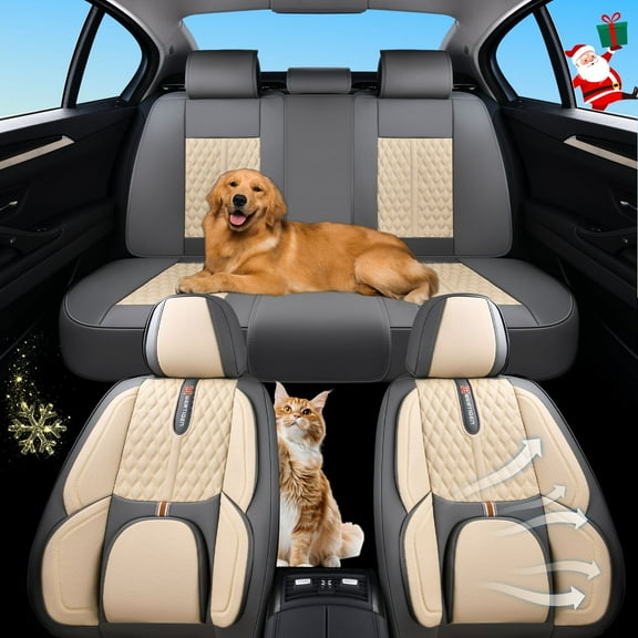 Car Seat Cover for Ford Taurus 2001-2019, Light Taupe Car Seat Covers, Leather, 5 Seats Full Set, With Lumbar Support, Waterproof, Protect and Upgrade Seats, Beautify the Interior of Old Cars