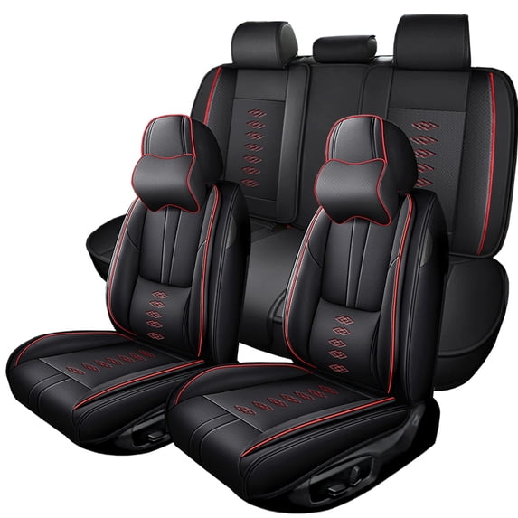 Car Seat Cover for NISSAN ROGUE SELECT 2015, PU Leather 5 Piece Full Set With a Headrest and Lumbar Support Waterproof, Black and Red Edges Car Seat Covers, Airbag-Compatible