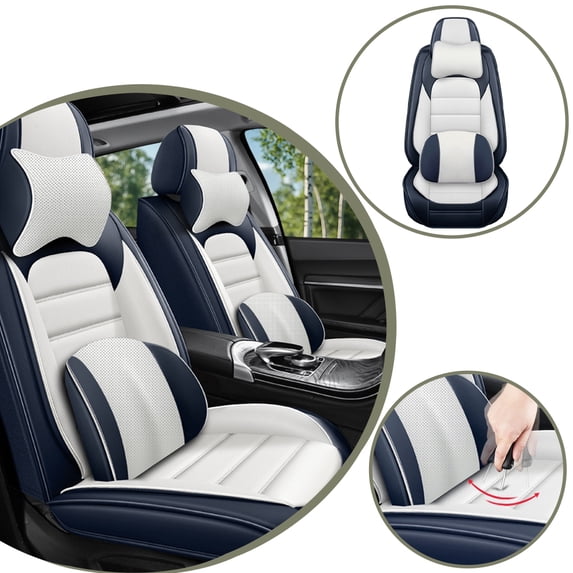 Car Seat Cover for Subaru Outback Base 2000, Blue and White Car Seat Covers, Leather, 5 Piece Full Set, Anti-Slip, With Lumbar Support, Beautify Interior, Beautify the Interior of Old Cars