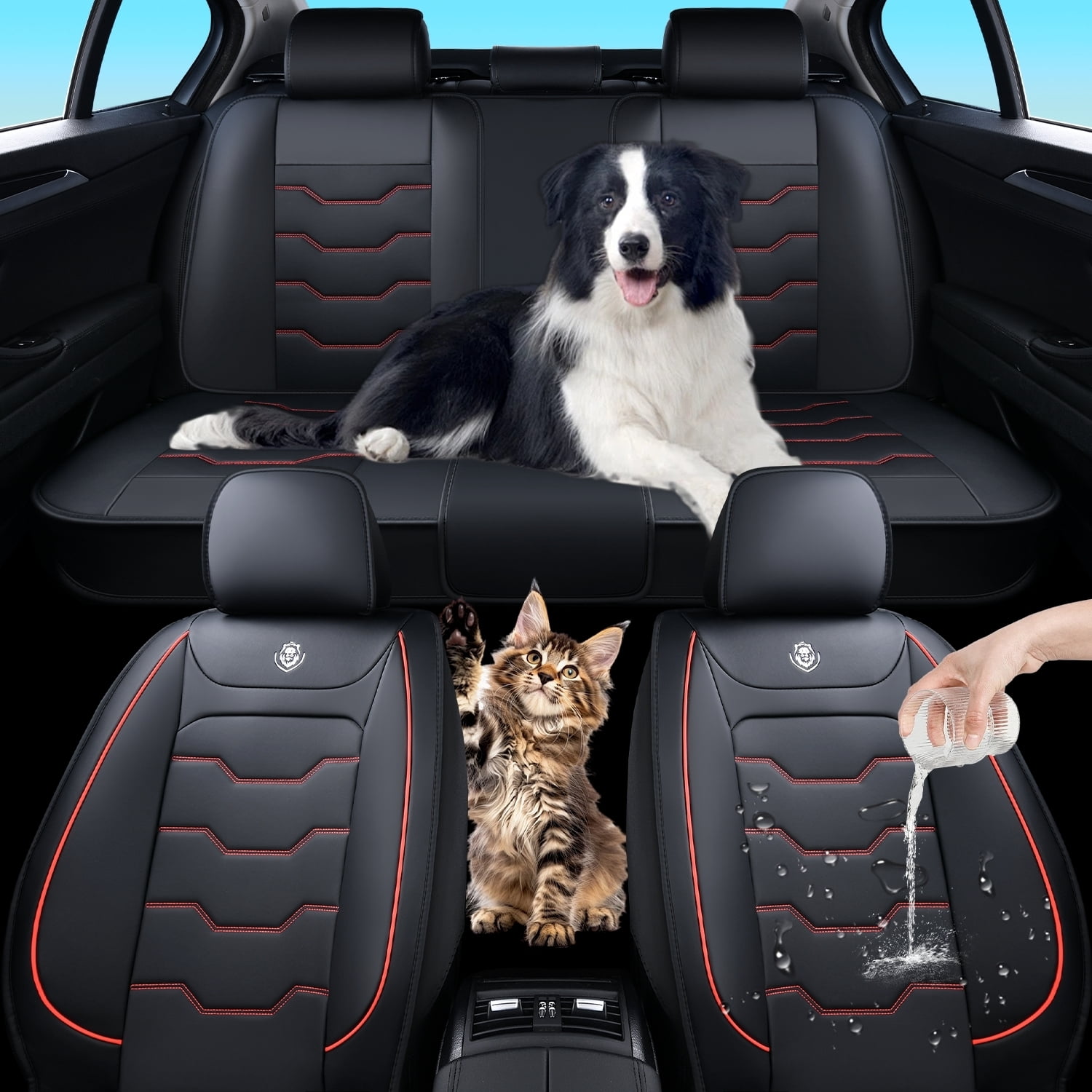 Car Seat Cover for Toyota Yaris S 2007, Waterproof Leather 5 Piece Full Set Easy to Clean and Install Suitable for All Seasons, Red Lines Car Seat Covers, Give Your Interior a New Look