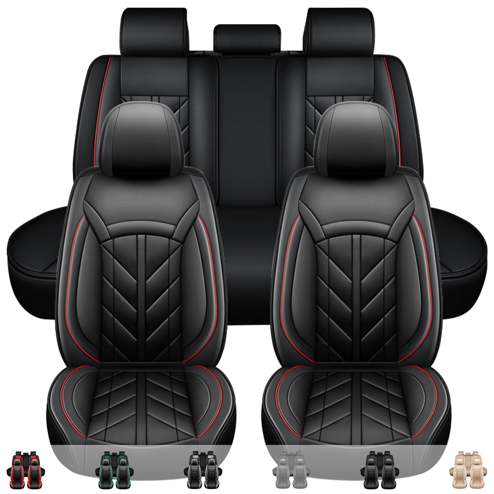 FANOTEK Black Red Line Faux Leather Wear Resistant Front Rear Seat Covers 5 Pieces