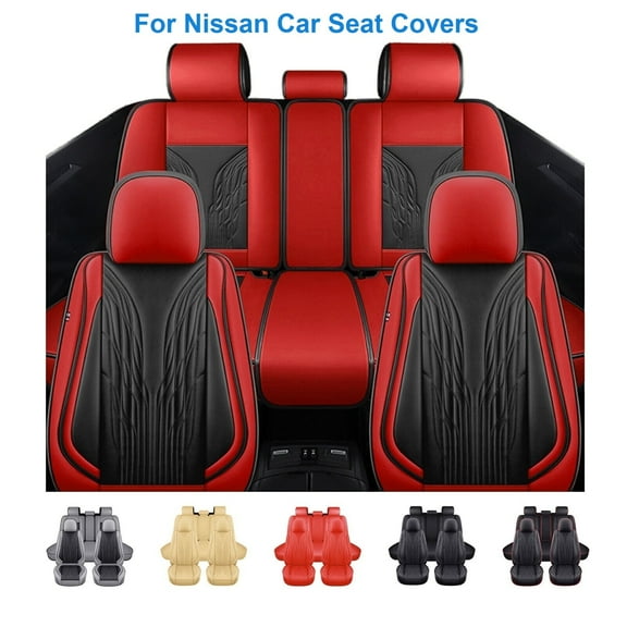 Car Seat Cover for Nissan Leaf 5 Seats, Deluxe PU Leather Auto Cushion Protector Front Rear Full Set for Sentra Maxima Versa Xterra Black Red