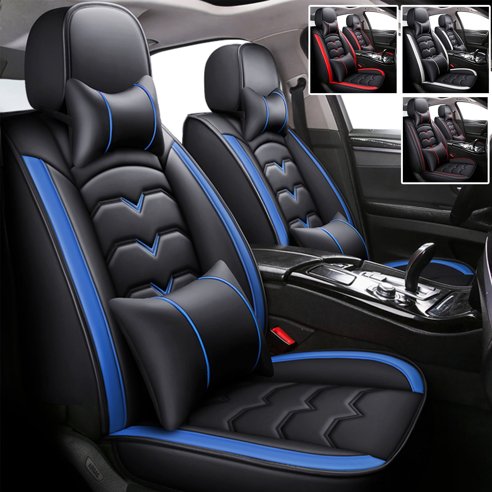 Car Seat Cover for Subaru Forester, Durable PU Leather Seat Cushion Protector for XV Crosstrek Outback Impreza Legacy WRX with Pillow Black Blue