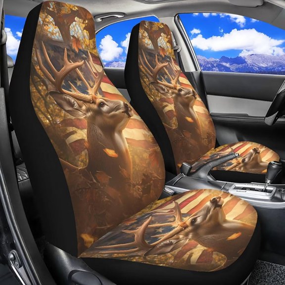 Car Seat Covers 2 Pack Front  Deer Hunting Camo American Flag Design, Easy Install Stretchable Bucket Cover, Universal Fit for Cars SUV Sedan Truck