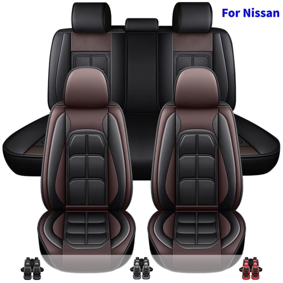 Car Seat Covers Fit for 2000-2024 Nissan Sentra Rogue, 5-Seat PU Leather Cushion Protector, Full Set Front Back Seat Cover for Nissan Rogue Versa Black&Coffee