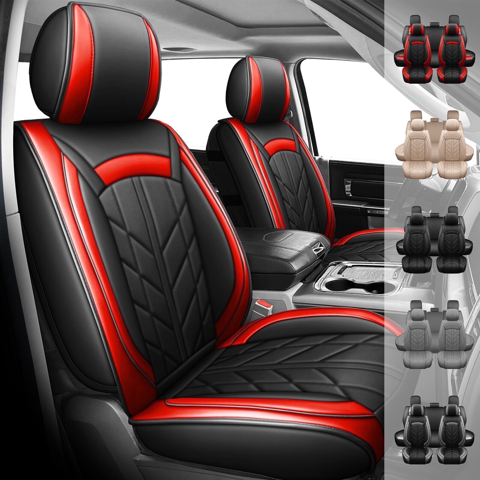 Car Seat Covers Fit for Dodge Ram 1500/2500/3500 2009-2023 Truck PU Leather Front Rear Full Set Black+Red