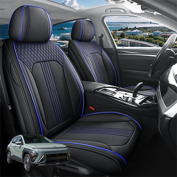 Car Seat Covers Full Set Custom Fit for Hyundai Kona 2018-2026 - Premium Faux Leather Auto Protectors with Waterproof, Breathable, Anti-Slip Car Seat Protectors (BlackBlue,Full Set)