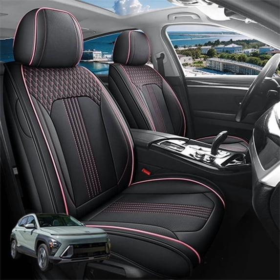 Car Seat Covers Full Set Custom Fit for Hyundai Kona 2018-2026 - Premium Faux Leather Auto Protectors with Waterproof, Breathable, Anti-Slip Car Seat Protectors (Black&Pink,Full Set)