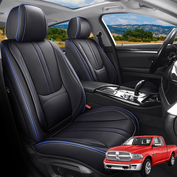 Car Seat Covers Full Set Fit for Dodge Ram 1500 2002-2026,Faux Leather Waterproof Breathable Anti‑Slip Seat Protectors with Lumbar Support, Black&Blue
