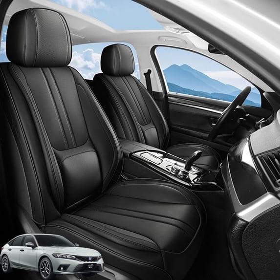 Car Seat Covers Full Set Fit for Honda Civic 2000-2026, Premium Faux Leather Seat Protectors with Lumbar Support, Breathable, Waterproof & Anti-Slip Full Wrapping Edge Seat Covers (Black, Full Set)