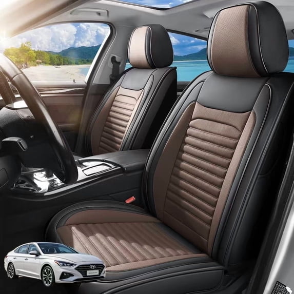 Car Seat Covers Full Set Fit for Hyundai Sonata 1999-2026, Premium Faux Leather Waterproof Breathable Anti‑Slip Seat Protectors, Black&Brown