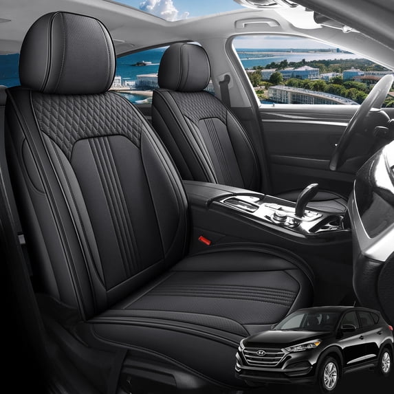 Car Seat Covers Full Set Fit for Hyundai Tucson 2005-2026, Premium Faux Leather Seat Protectors, Breathable, Waterproof & Anti-Slip Full Wrapping Edge Seat Covers (Black, Full Set)