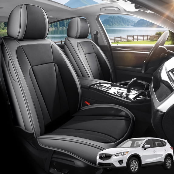Car Seat Covers Full Set Fit for Mazda CX-5 2011-2026, Premium Faux Leather Seat Protectors, Breathable, Waterproof & Anti-Slip Full Wrapping Edge Seat Covers (Black&White, Full Set)