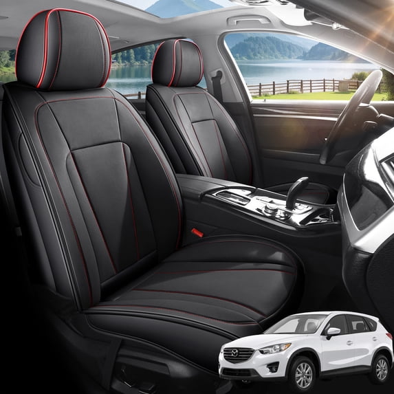 Car Seat Covers Full Set Fit for Mazda CX-5 2011-2026, Premium Faux Leather Seat Protectors, Breathable, Waterproof & Anti-Slip Full Wrapping Edge Seat Covers (Black&Red, Full Set)