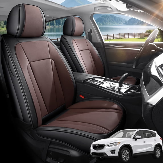 Car Seat Covers Full Set Fit for Mazda CX-5 2011-2026, Premium Faux Leather Seat Protectors, Breathable, Waterproof & Anti-Slip Full Wrapping Edge Seat Covers (Black&Brown, Full Set)