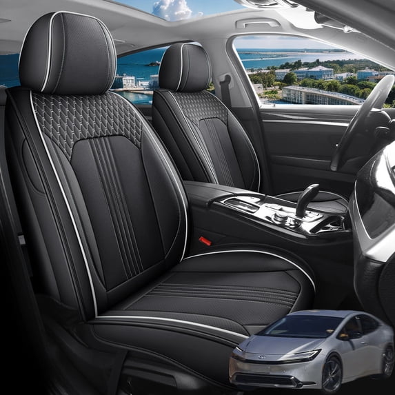 Car Seat Covers Full Set Fit for Toyota Prius 2001-2026, Premium Faux Leather Seat Protectors, Breathable, Waterproof & Anti-Slip Full Wrapping Edge Seat Covers (Black&White, Full Set)