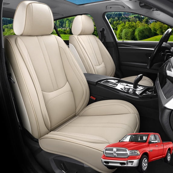 Car Seat Covers Full Set Fit for Dodge Ram 1500 2002-2026, Faux Leather Waterproof Breathable Anti‑Slip Seat Protectors with Lumbar Support, Beige