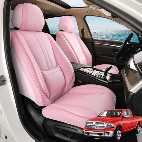 Car Seat Covers Full Set Fit for Dodge Ram 1500 2002-2026, Faux Leather Waterproof Breathable Anti‑Slip Seat Protectors with Lumbar Support, Pink