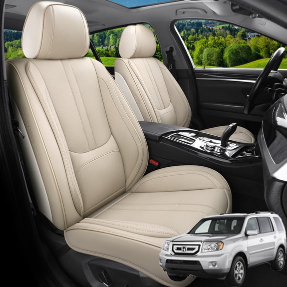 Car Seat Covers Full Set Fit for Honda Pilot 2003-2026, Faux Leather Waterproof Breathable Anti‑Slip Seat Protectors with Lumbar Support, Beige