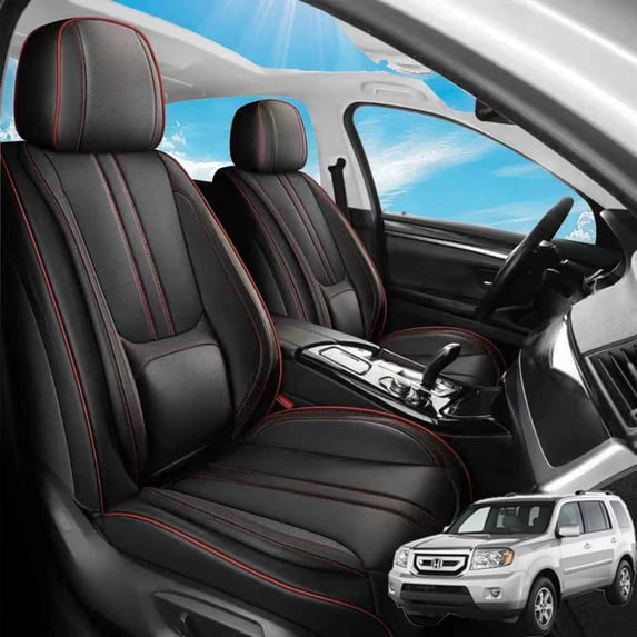 Car Seat Covers Full Set Fit for Honda Pilot 2003-2026, Faux Leather Waterproof Breathable Anti‑Slip Seat Protectors with Lumbar Support, Black&Red