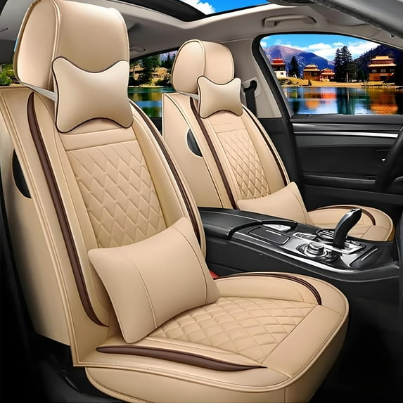 Car Seat Covers Full Set Fit for Honda Ridgeline 2006-2014 Waterproof Faux Leather Car Seat Cushions Automotive 5 Seat Covers Set(Beige)