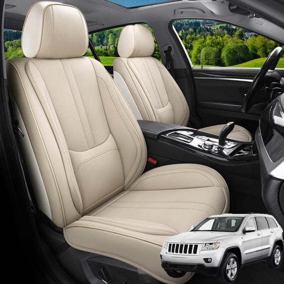Car Seat Covers Full Set Fit for Jeep Grand Cherokee 2000-2026, Faux Leather Waterproof Breathable Seat Protectors with Lumbar Support, Beige