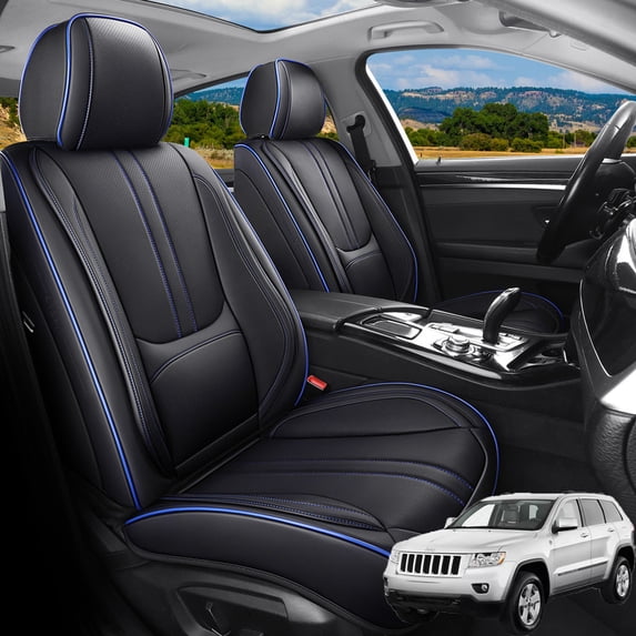 Car Seat Covers Full Set Fit for Jeep Grand Cherokee 2000-2026, Faux Leather Waterproof Breathable Seat Protectors with Lumbar Support, Black&Blue