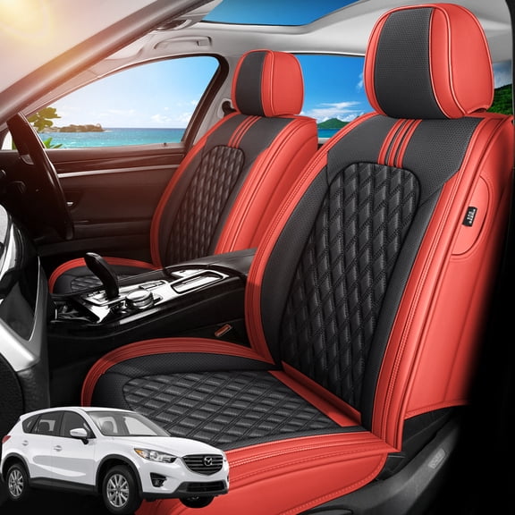 Car Seat Covers Full Set Fit for Mazda CX-5 2012-2026, Premium Faux Leather Waterproof Breathable Anti‑Slip Seat Protectors, Black&Red