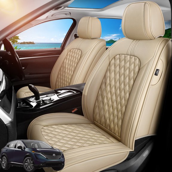 Car Seat Covers Full Set Fit for Nissan Ariya 2021-2026, Premium Faux Leather Waterproof Breathable Anti‑Slip Seat Protectors, Beige