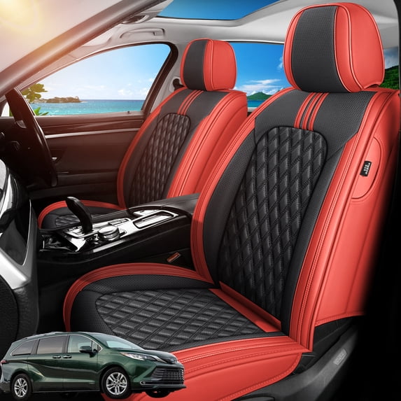Car Seat Covers Full Set Fit for Toyota Sienna 2001-2026, Premium Faux Leather Waterproof Breathable Anti‑Slip Seat Protectors, Black&Red