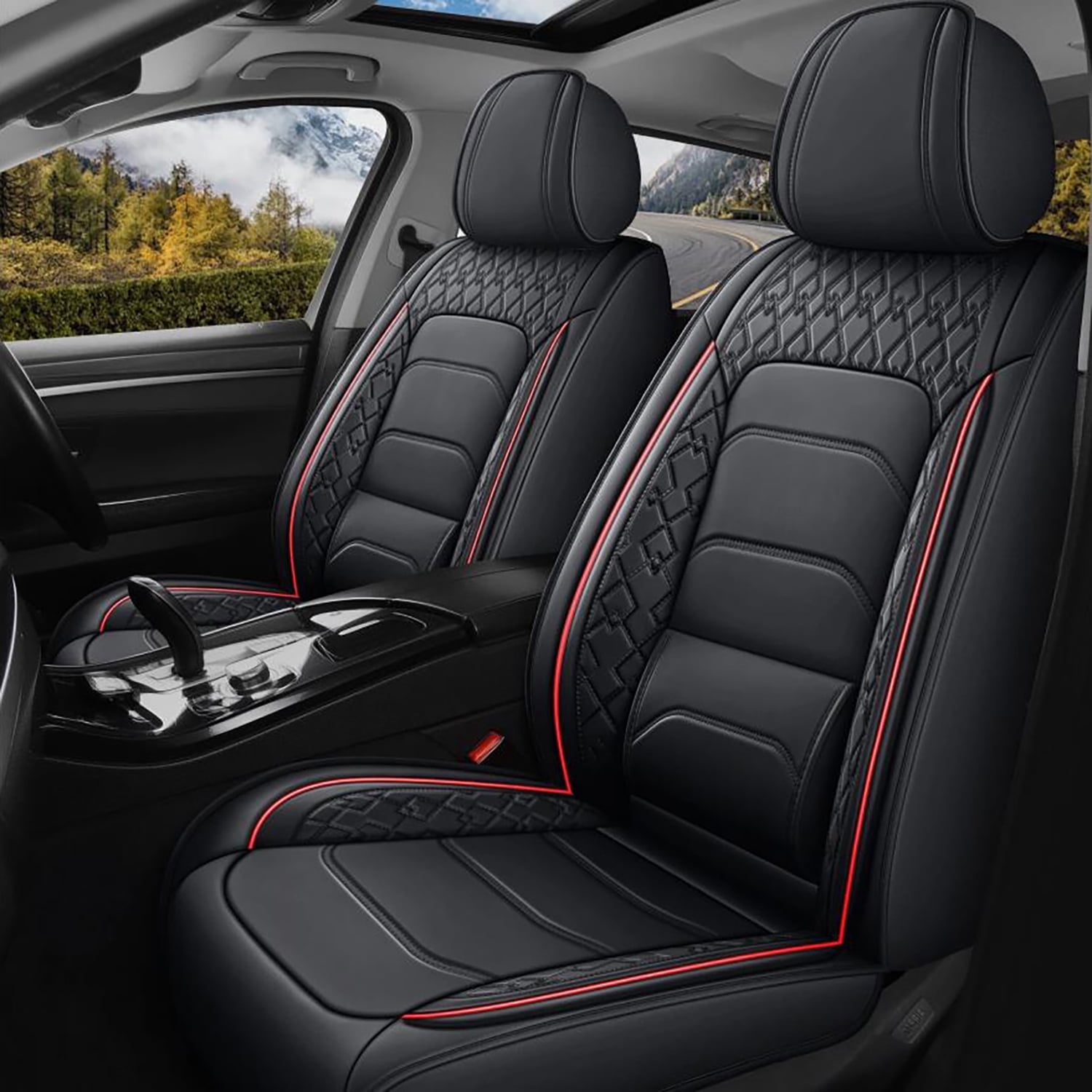 Car Seat Covers Full Set for Toyota Tacoma 2016-2023 2 Rows 5-Seat Set Faux Leather Seat Covers Waterproof Car Seat Protector (5-Seat Set, Black&Redline)