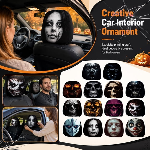 Car Seat Covers for Headrests, Halloween Scary Decorations 2 Count, Interior Car Accessories with Burning Flame Skeleton Double-Sided Pattern, Spooky Car Accessories, 10X10 in