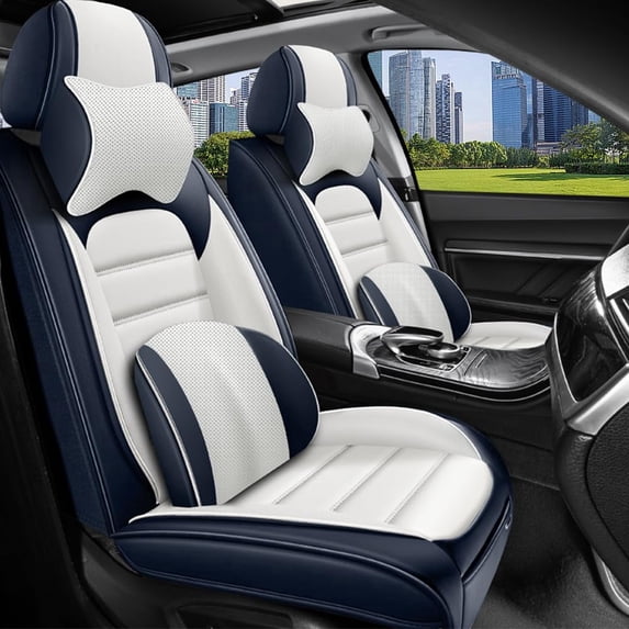 Car Seat Covers for Honda 96% Models Durable Leather Seat Cover Waterproof Anti-Slip Seat Covers All Weather Car Seat Automotive Seat Protector(2 Seats,White&Blue-Deluxe)