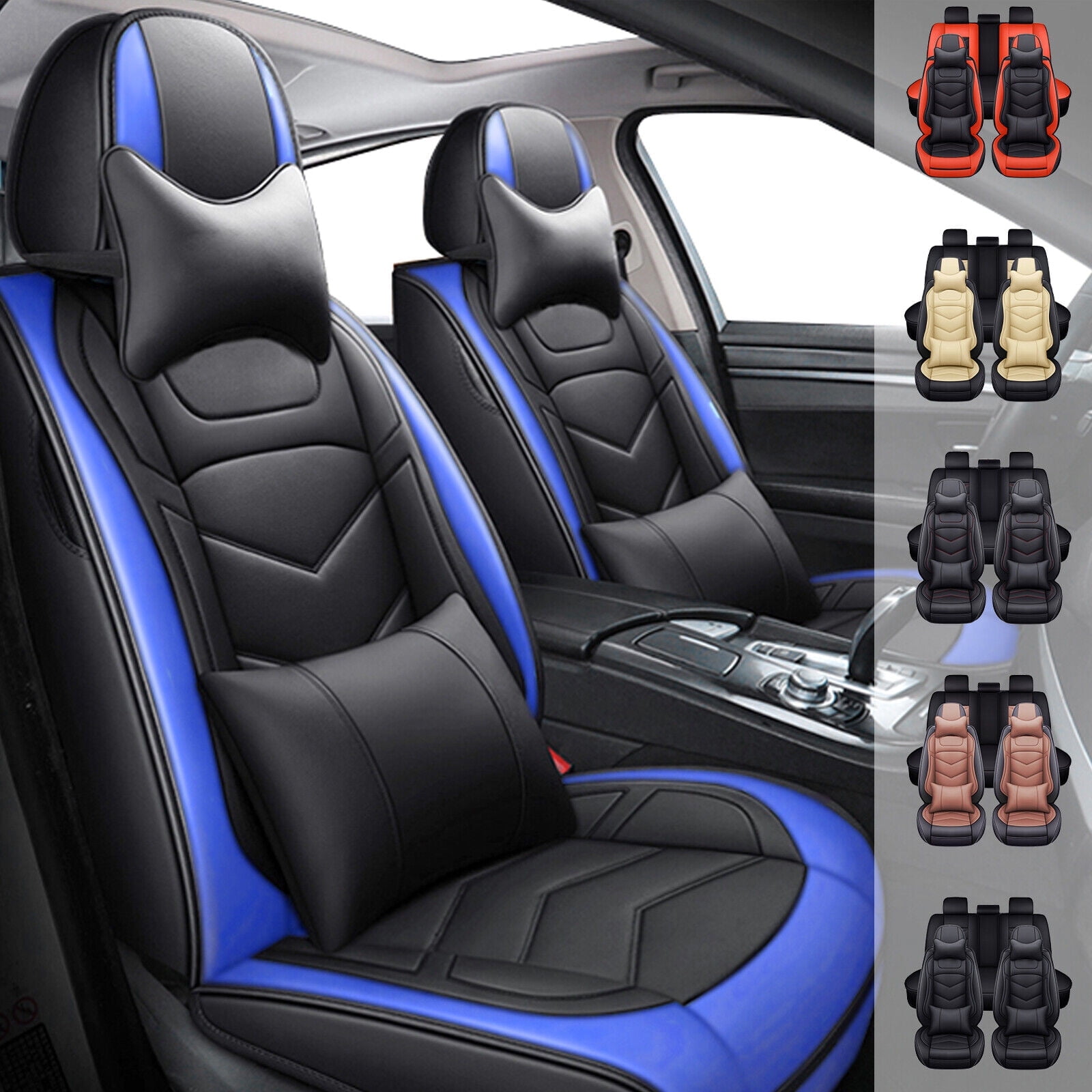 FANOTEK Black Blue PU Leather Waterproof Front Rear Seat Covers 5 Pieces