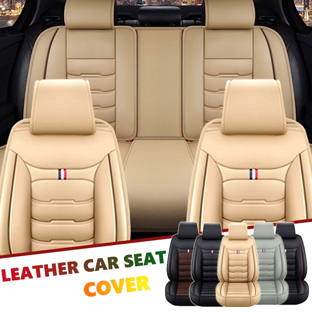 Car Seat Covers Leather Front Back 5 Seats Full Set Auto Cushion Pad Protector Fit Most Car Truck SUV Vans (Gray)