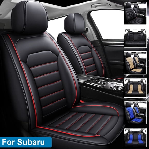 Car Seat Covers for Subaru Legacy Crosstrek Forester Legacy Outback WRX 2000-2025, Durable PU Leather Auto Front Rear Seat Cushion Protector Black w/ Red Line