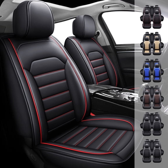 Car Seat Covers for Toyota Camry Corolla Avalon Matrix Echo 2000-2024, PU Leather Seat Cushion Protector Front &Rear Seat Full Set Black with Red Line