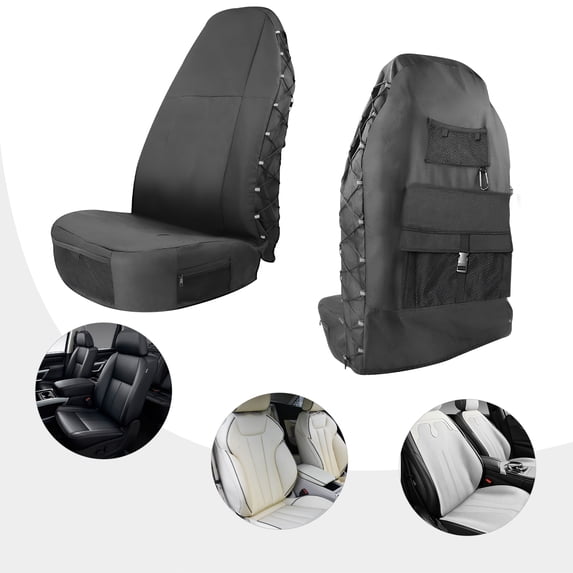 Car Seat Covers, Waterproof Oxford Cloth, PU Coated, Two-Piece Set, Stain-Resistant, Mesh Pockets for Organization, Fits Driver and Passenger Seats