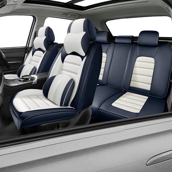 Car Seat Covers for Subaru 96% Models,Faux Leather Seat Cover,Compatible Airbag,Full Set Waterproof Car Seat Protectors (Pillows,Blue&White)