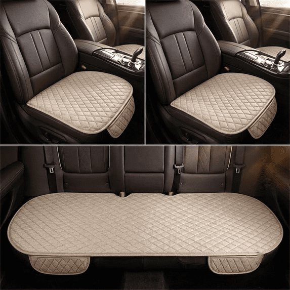 Car Seat Cushion Car Seat Protector Set of 3 - Universal Front and Rear Seat Covers for Cars SUVs Trucks - Non-Slip Breathable Cotton Linen with Storage Pouch