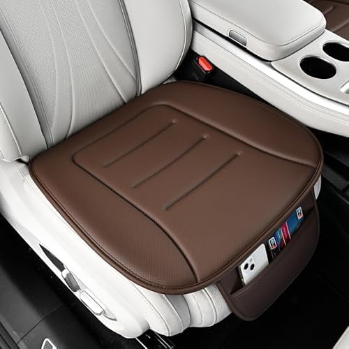 Car Seat Cushion, Comfort Memory Foam Car Cushions for Driving, Breathable Leather Surface with Anti Slip Rubber Bottom, Seat Cushion for Car and Office Chair (1 Pack, Brown)