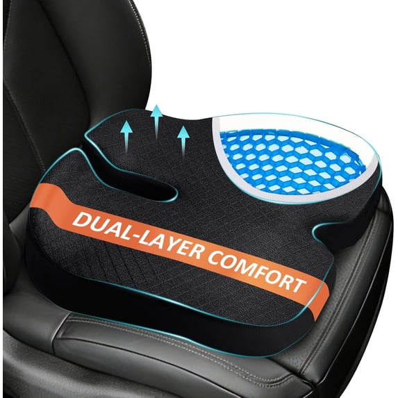 Car Seat Cushion for Long Sitting - X Large Premium Gel & Memory Foam Office Chair Cushion for Back,Sciatica,Coccyx,Tailbone Pain Relief, Driver Pillow for Auto, Gaming,Desk, Wheelchair,Truck (Black)